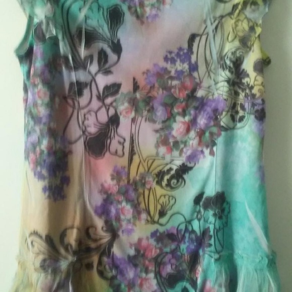Romantic Top Floral Blouse Turquoise Lg Casual Freedom Short Sleeve Tunic Long - Picture 3 of 12